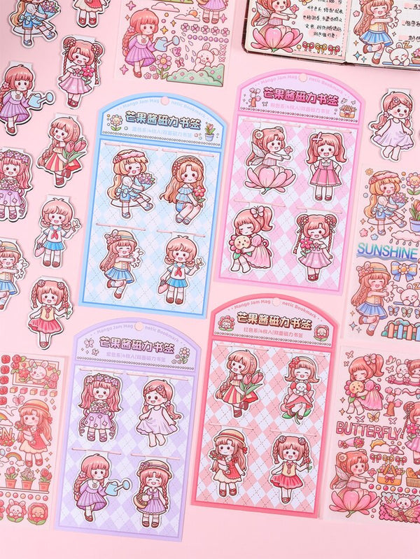 Cute Cartoon Girl Magnetic Bookmarks with stickers