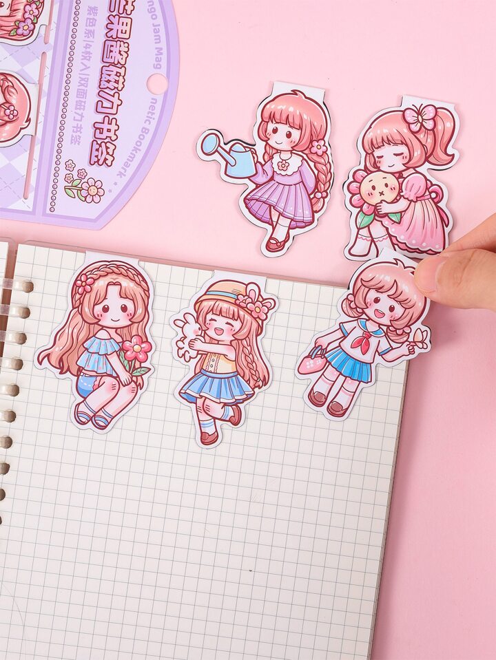 Cute Cartoon Girl Magnetic Bookmarks with stickers