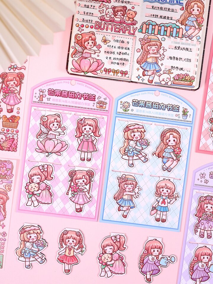 Cute Cartoon Girl Magnetic Bookmarks with stickers